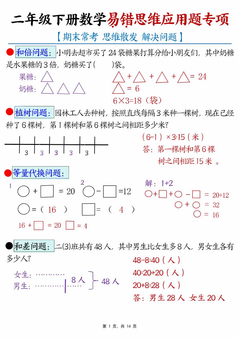 （期末常考30道母题）二年级下册数学易错思维应用题专项（练习题+答案）-财源创业网