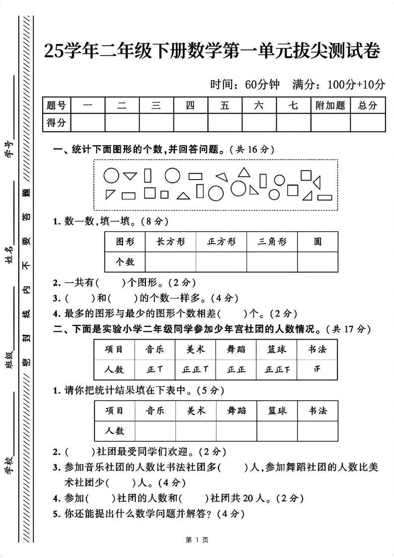 25二下数学第一单元拔尖测试卷1（含答案5页）人教-财源创业网