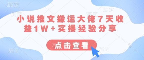 小说推文搬运大佬7天收益1W+实操经验分享-财源创业网