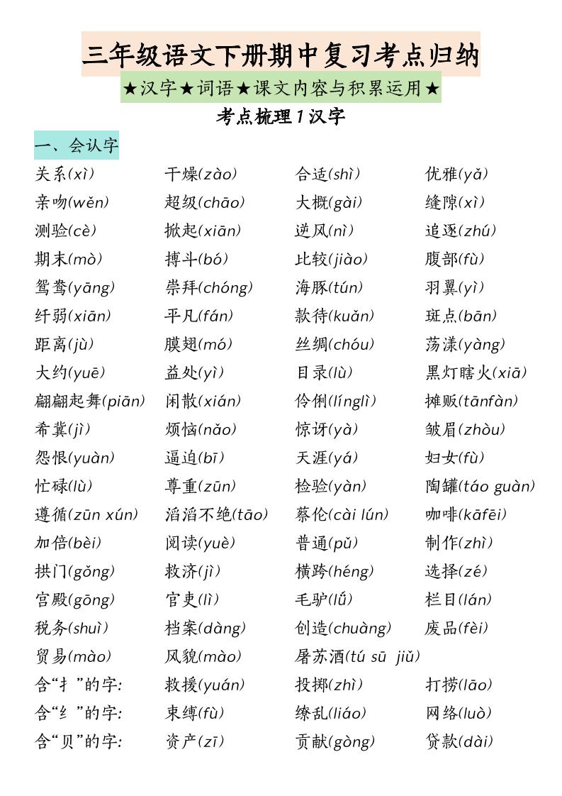 三下语文期中复习（汉字★词语★课文内容与积累运用）-财源创业网