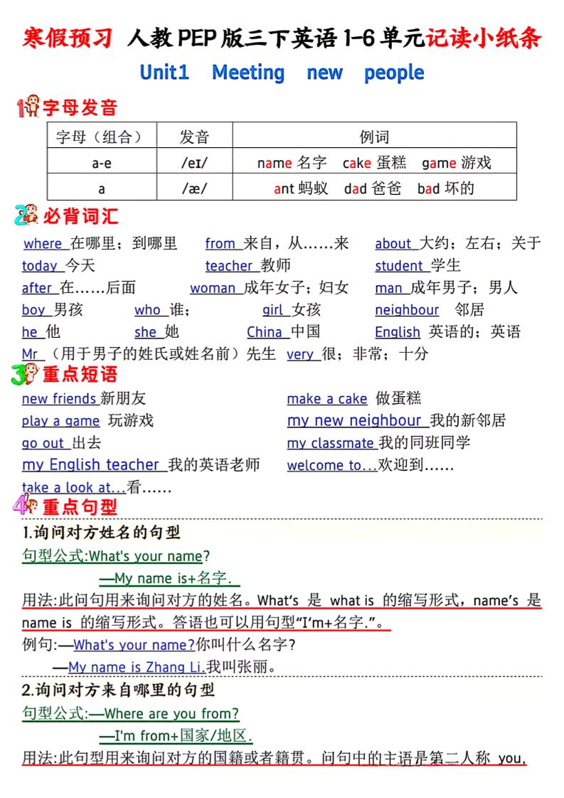 人教PEP版三下英语1-6单元记读小纸条-财源创业网