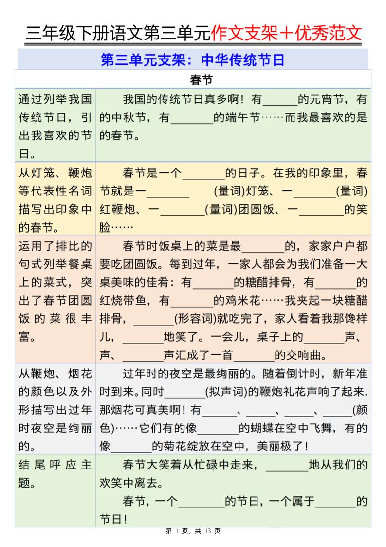 三下语文第三单元作文支架＋优秀范文13页-财源创业网