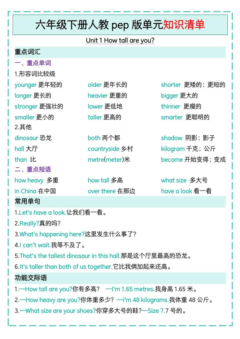 六下英语人教pep版单元知识清单-财源创业网