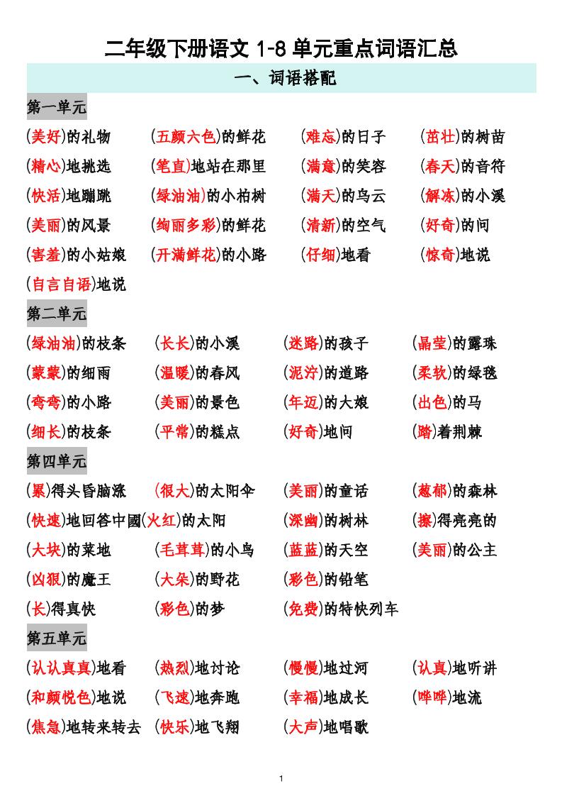 二下语文1-8单元重点词语搭配归纳6页-财源创业网