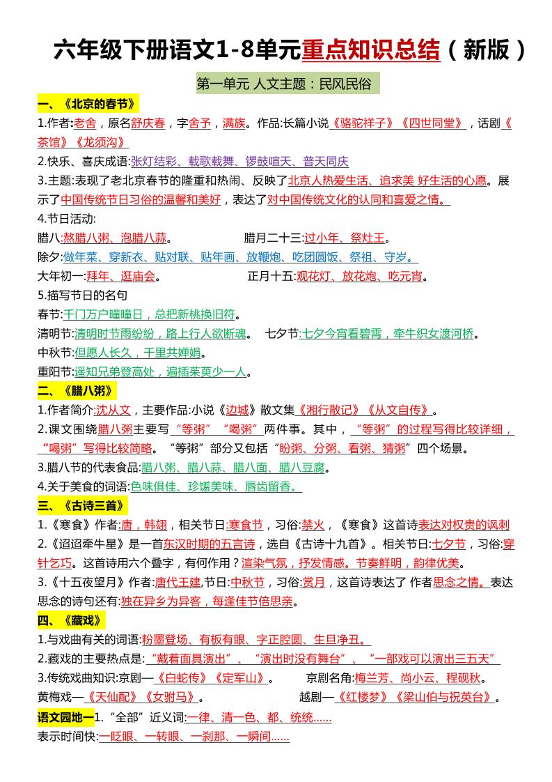 六年级下语文1-8单元常考知识点总结-财源创业网