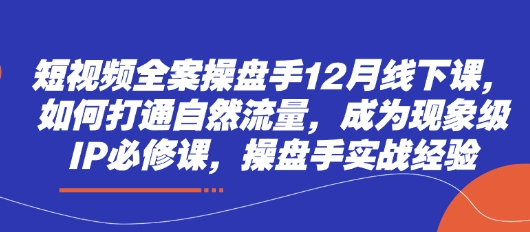 短视频全案操盘手12月线下课，如何打通自然流量，成为现象级IP必修课，操盘手实战经验-财源创业网