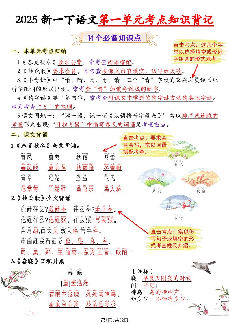 25新一下语文1-8单元考点知识背记（32页）-财源创业网