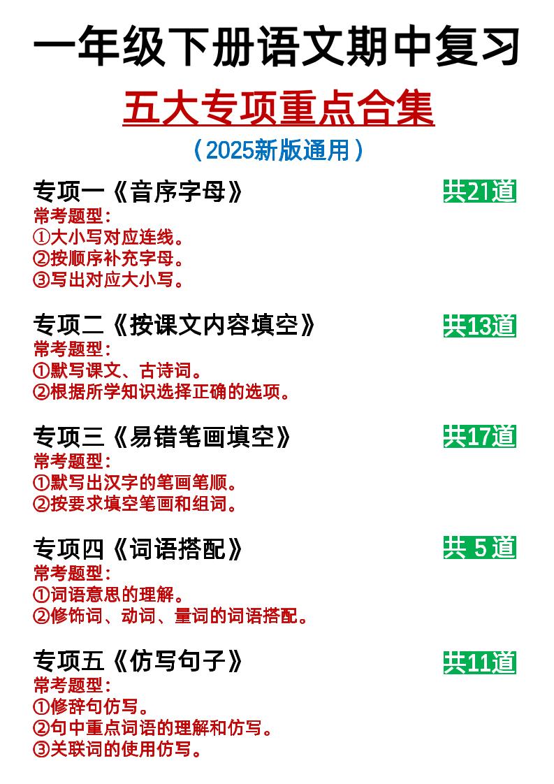 25新一下语文期中复习五大专项重点合集14页-财源创业网