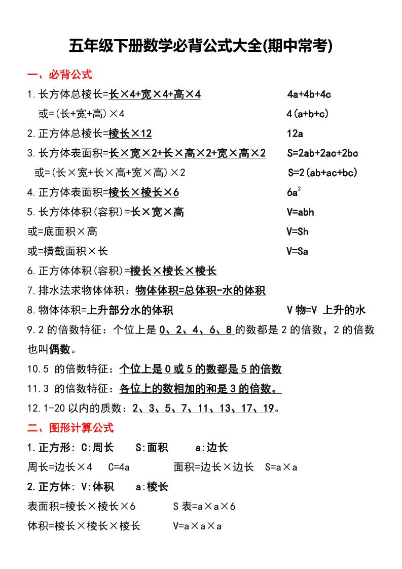 五年级下册数学必背公式大全(期中常考)-财源创业网