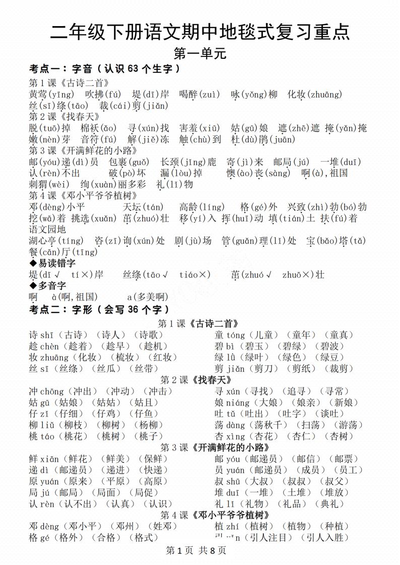 二年级下册语文期中地毯式复习重点8页-财源创业网