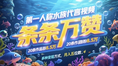 第一人称水族代言视频，条条万赞，20条作品涨粉7.8W，多种变现方式月入五位数-财源创业网