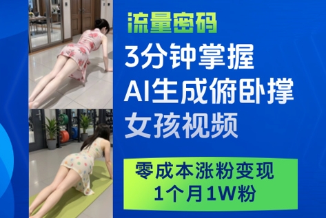 3分钟掌握AI生成俯卧撑女孩视频，零成本涨粉变现，1个月1W粉-财源创业网