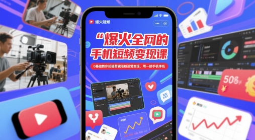 爆火全网的手机短视频变现课，0基础教你拍摄剪辑涨粉运营变现，用一部手机挣钱-财源创业网