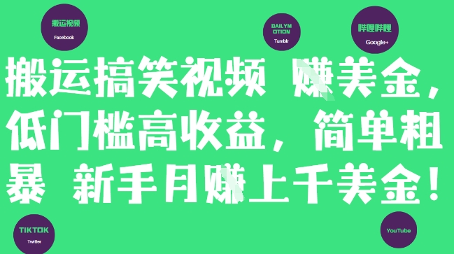 搬运搞笑视频挣美金，低门槛高收益，简单粗暴新手月入上千美刀-财源创业网