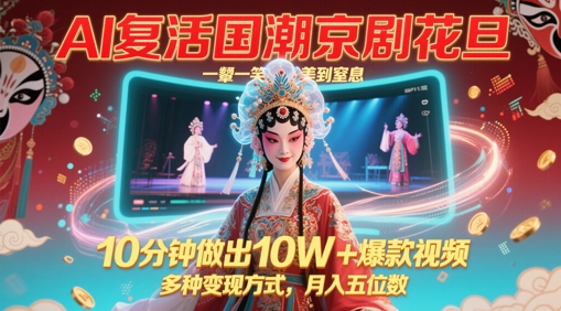 AI复活国潮京剧花旦，一颦一笑美到窒息，10分钟做出10W+爆款视频，多种变现方式，月入五位数-财源创业网