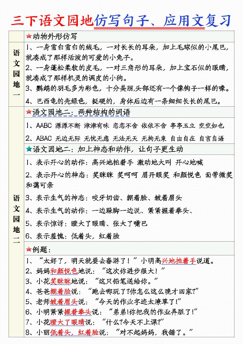 三年级下语文1-8单元语文园地句子仿写+应用文专练-财源创业网